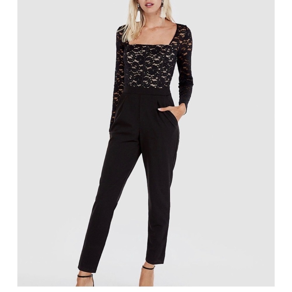 Express Womens Black Lace Corset Long Sleeve Slim Leg Jumpsuit Size 4